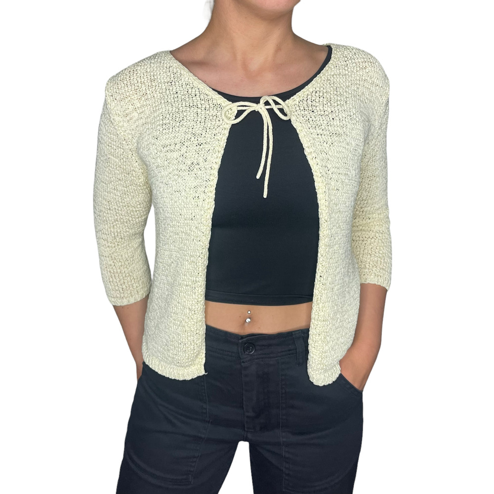 Front Tie Babydoll Knit Vintage Cardigan, Cream, Size Small Northern Reflections